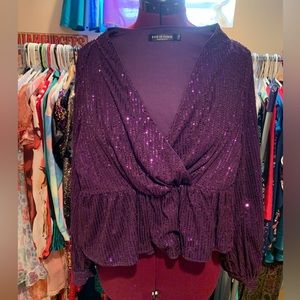 Shein Frenchy Peplum Sequin Blouse with Lantern Sleeves
